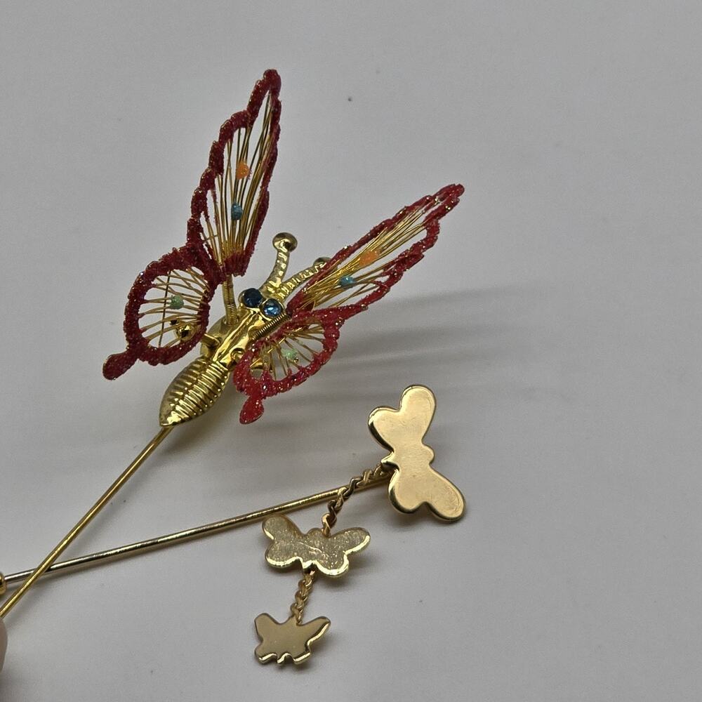 Stick Pin Lot Gold Tone Butterfly Flutter Blue Rhinestone & Triple Tier Dangle